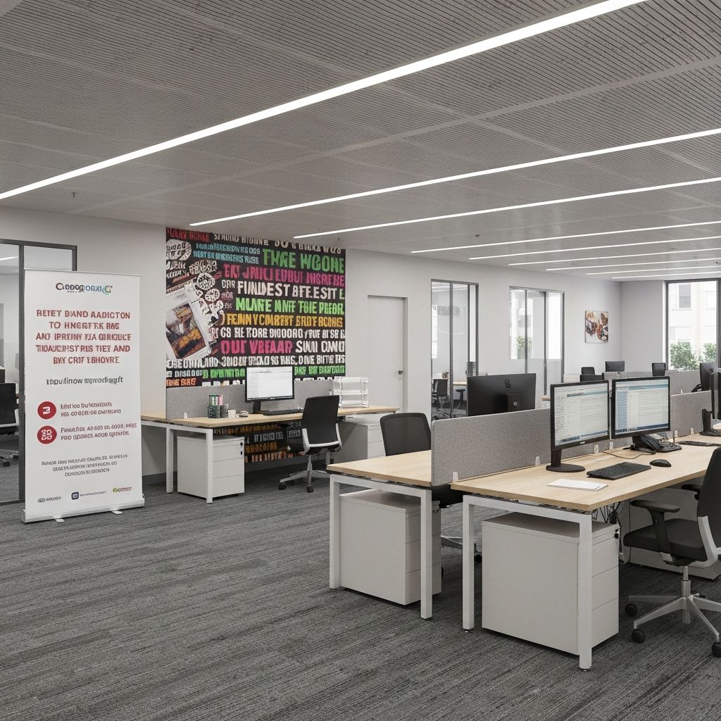 Branded wall graphics and vinyl lettering in a modern office interior